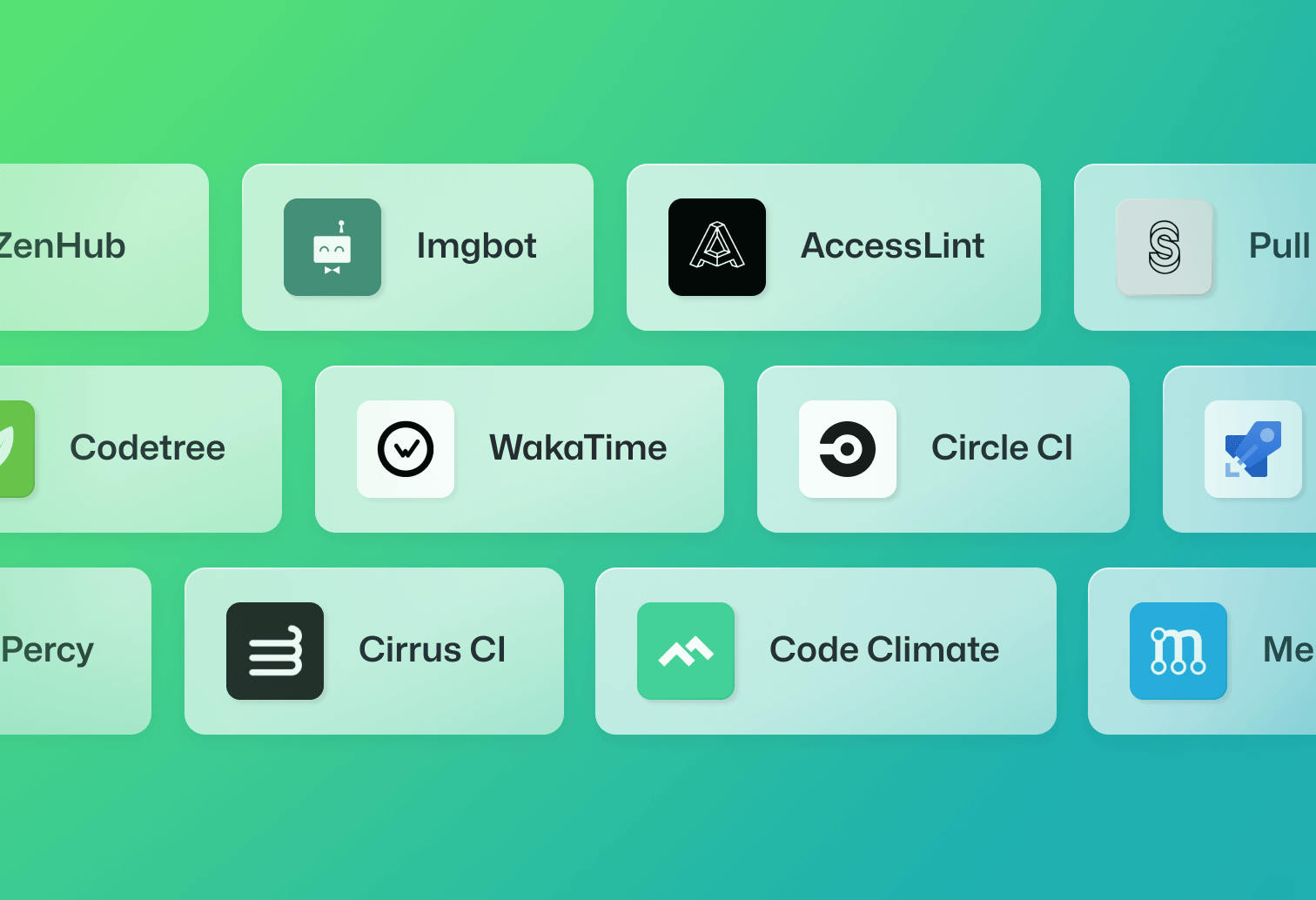 A collection of application icons for various development tools like Imgbot, AccessLint, WakaTime, Circle CI, Cirrus CI and Code Climate.